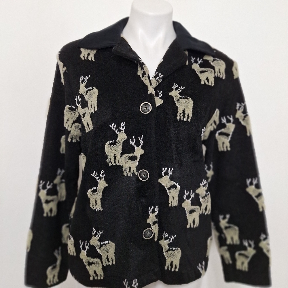 David Paul New York Vintage Black Cream Deer Three Button Front Jacket Size S